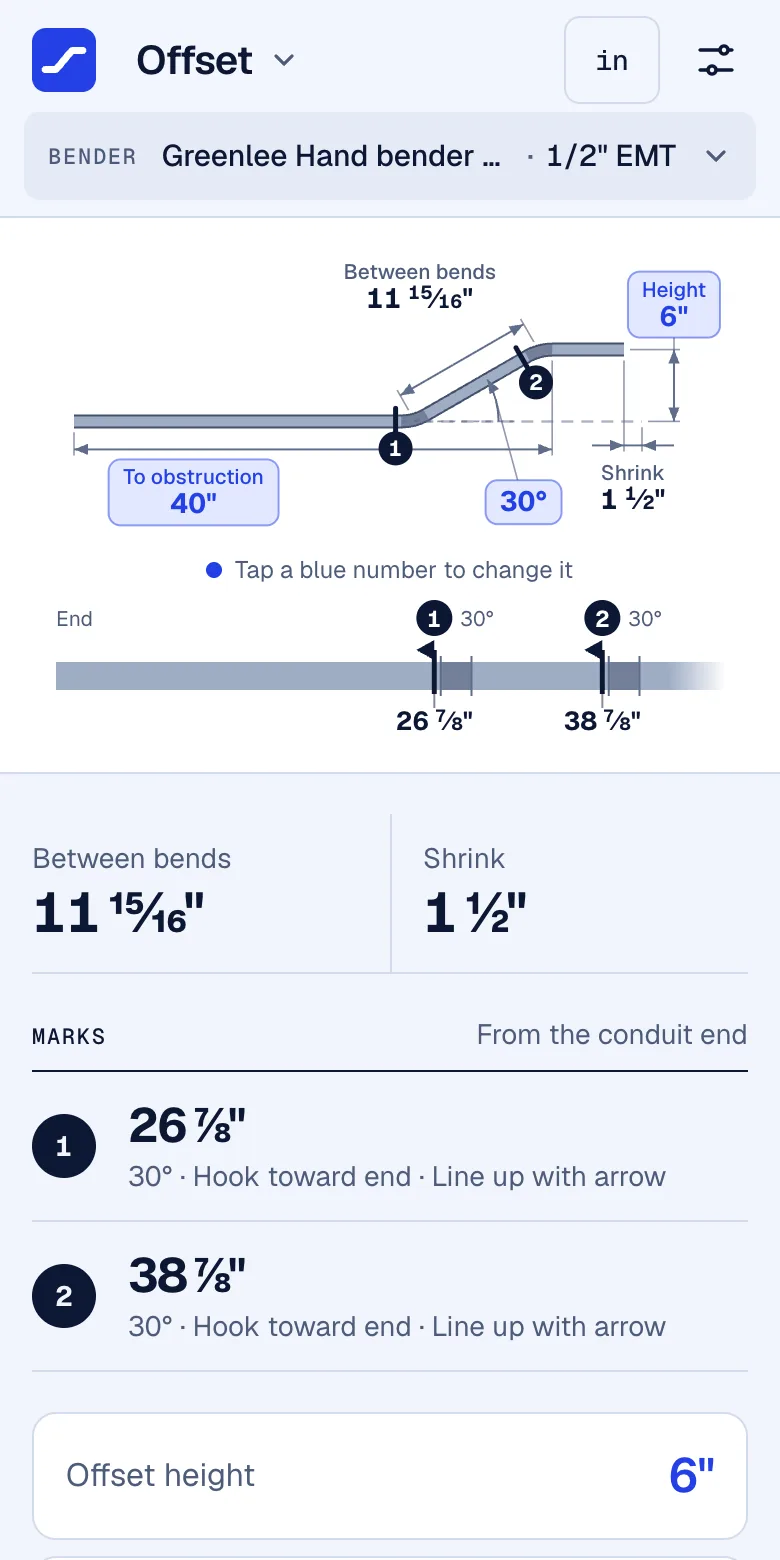 BendMate on a phone, showing the marks for an offset